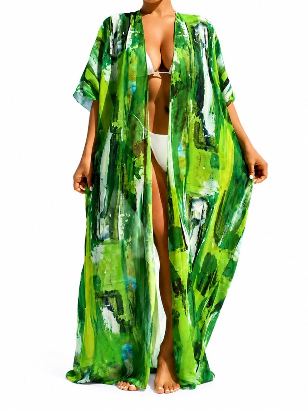 Green Flowy Open Front Beach Cover Up Half Sleeve Lightweight NWT
